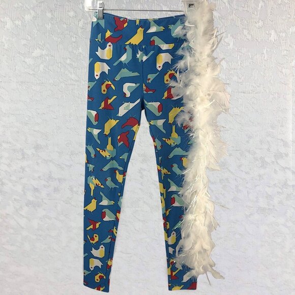 LuLaRoe OS Teal Leggings w/Whimsical Birds & White Feather Boa for Halloween Fun - Picture 1 of 15